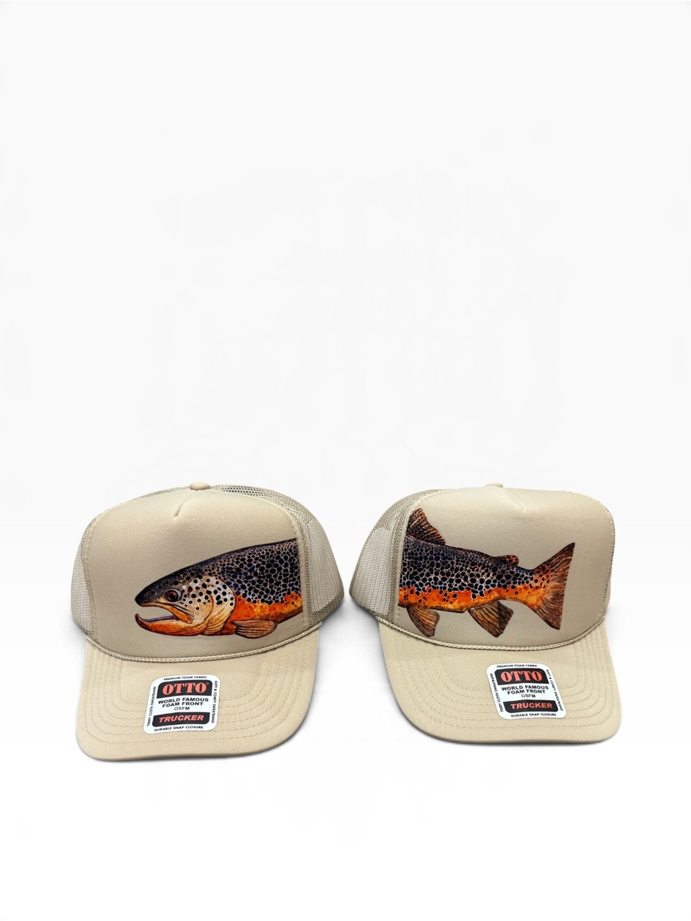 Handmade OTTO Beige Trucker Hat with Brown Trout Graphic - set of 2